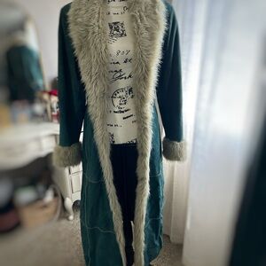 Wilsons Leather Dark Green Long Coat with Light Taupe Faux Fur Trim Penny Lane